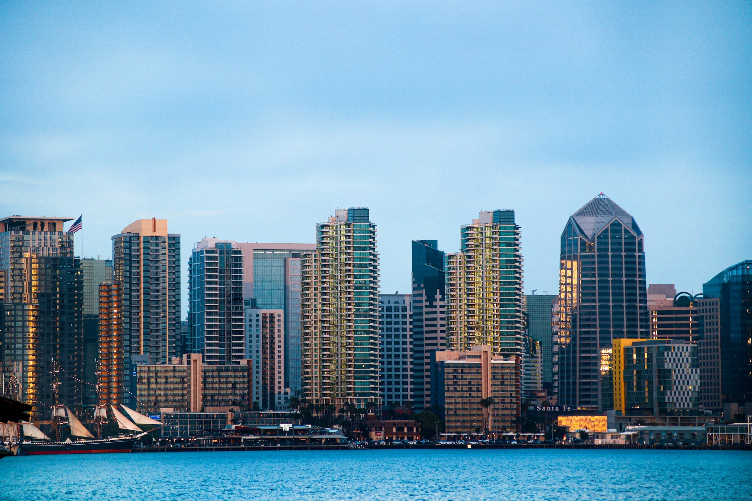 Downtown San Diego buildings and the waterfront viewed across the bay.